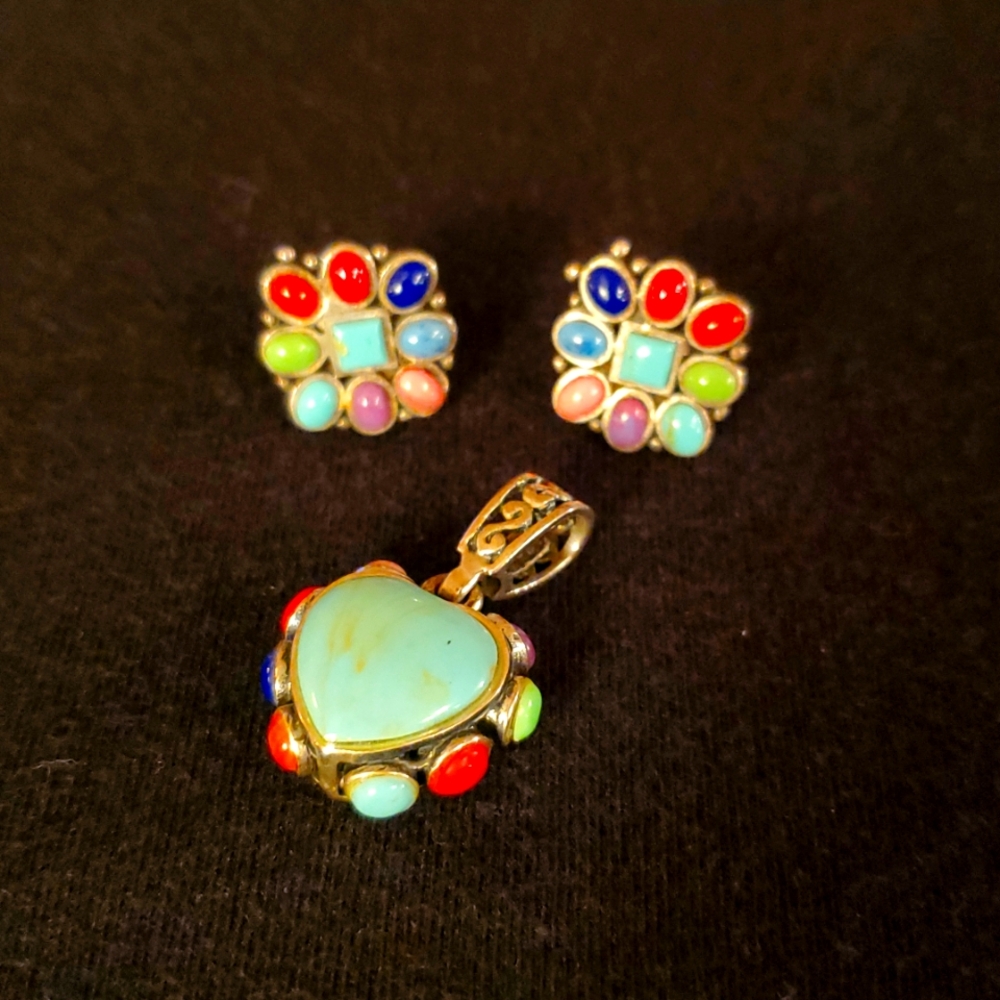 Sterling Silver Turquoise & Multistone Pendant & Earrings Set